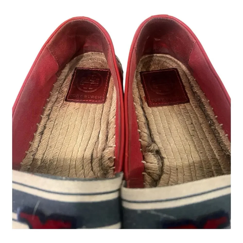 Tory Burch Ines Espadrille Women's Size 7.5 Fil Striped Coupe Red Blue